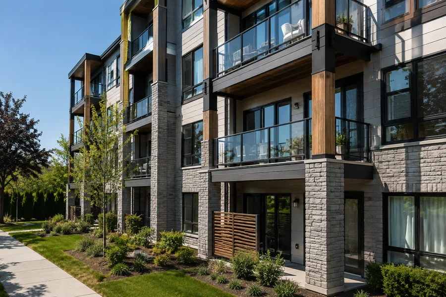 Condominium balconies with timber columns, steel connection brackets and glass panel guardrails