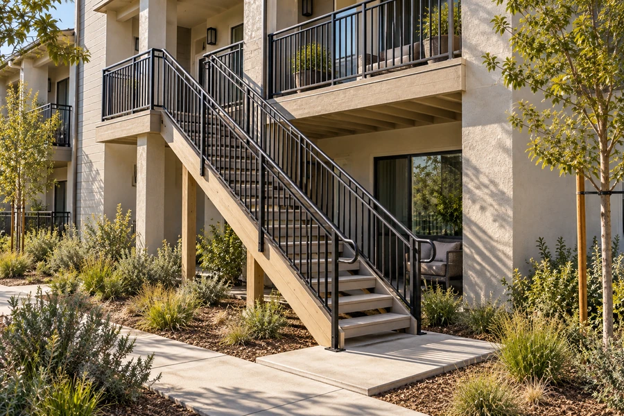 Exterior stair designed with the balcony it serves: composite treads, black aluminium guardrails and a graspable handrail, stringers on a concrete pad