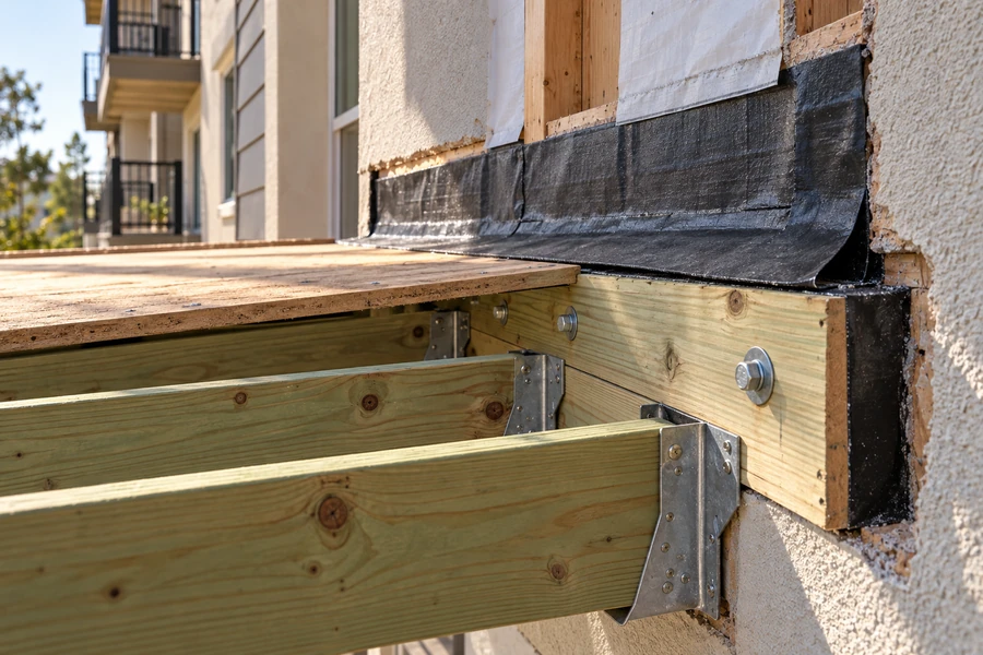 New balcony ledger bolted to the building rim, flashing membrane lapped behind the weather barrier, joists in galvanised hangers