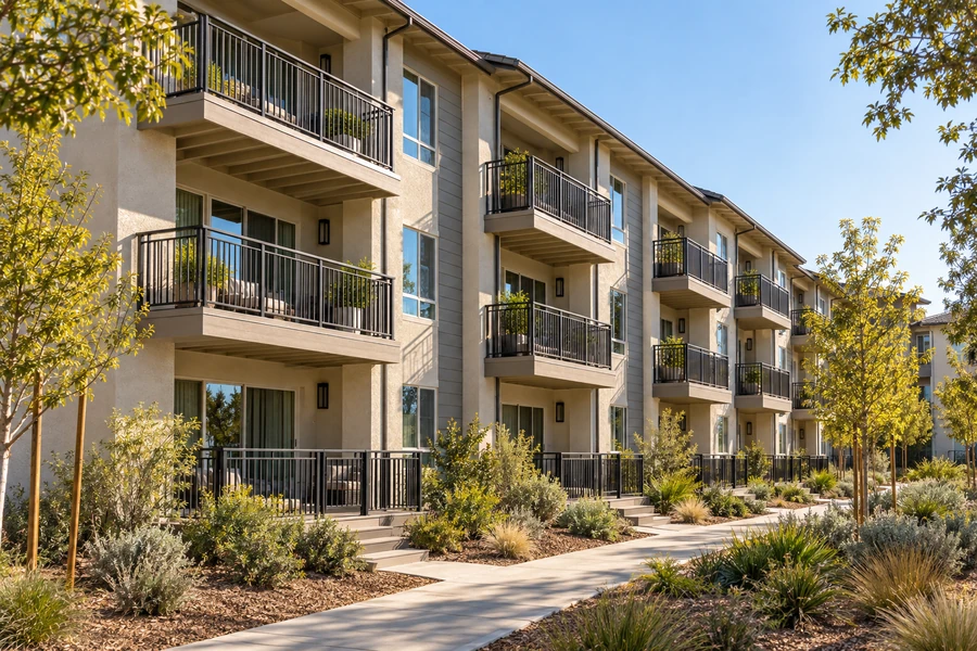 California apartment elevation after a balcony and deck redesign, one railing and surface specification repeated on every unit