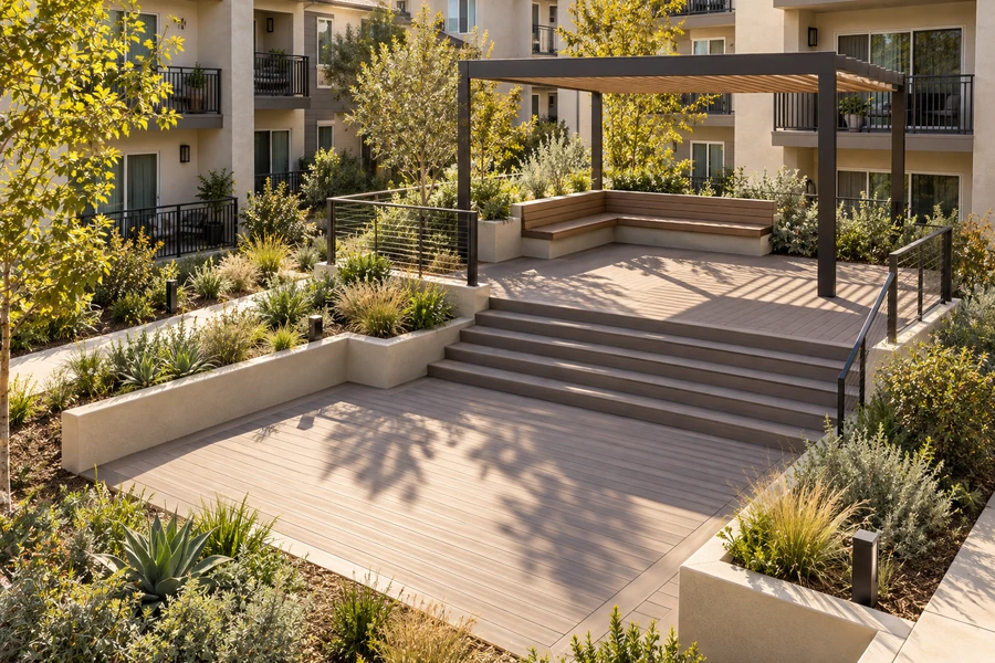 Two-level composite amenity deck in an apartment courtyard with pergola, built-in bench, planters and cable railings at the drop