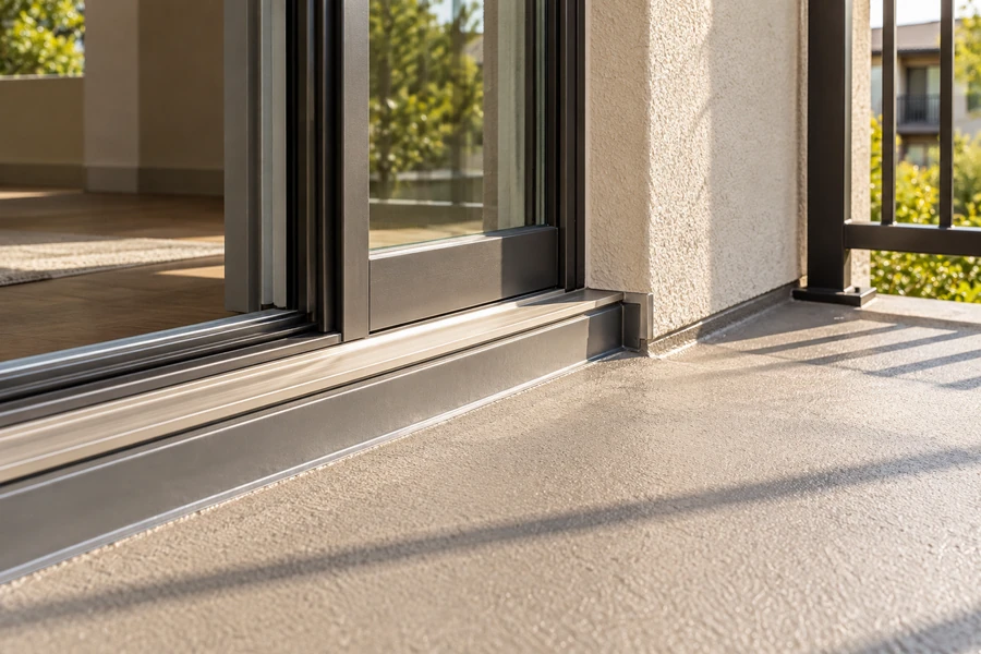 Balcony door threshold with metal sill pan, step down to a waterproof coating sloped away from the door