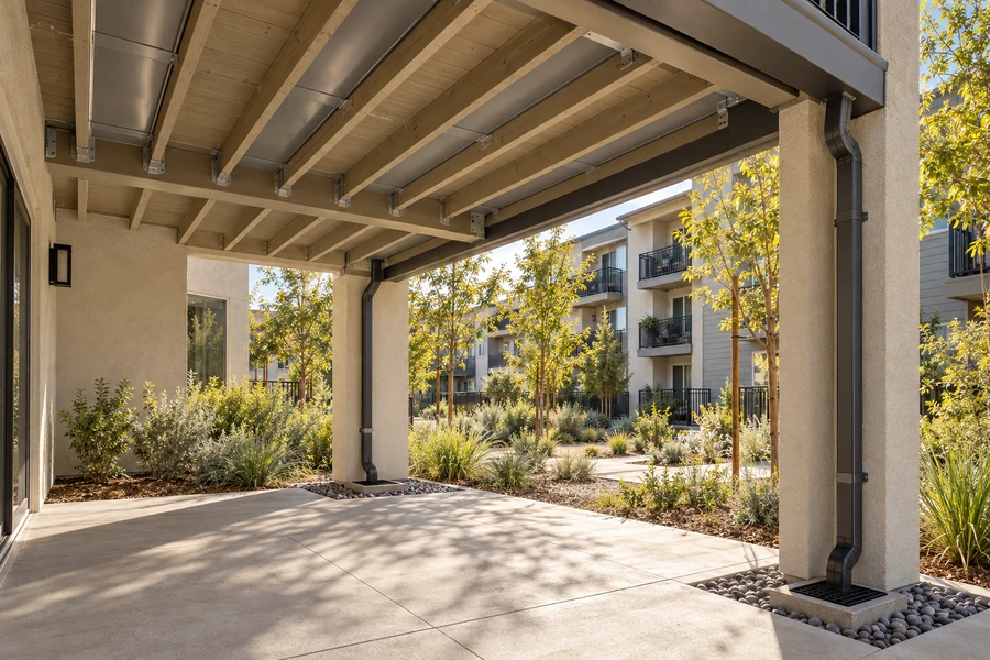 Underside of an apartment deck with drainage troughs between the joists and downspouts into catch basins, dry concrete patio below
