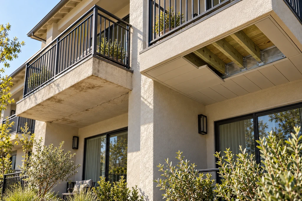 Two apartment balconies side by side in California: an original closed stucco soffit with water stains and a crack, and a redesigned soffit with one removable panel lowered to show dry joists and hangers