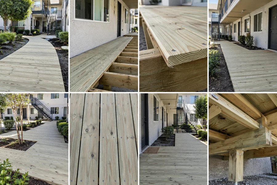 Composite of deck board installation details &mdash; laid surface, board edge, fixings and framing