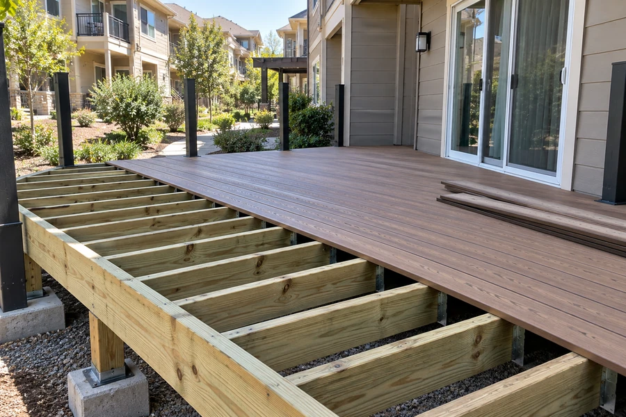 Boards being laid across a new frame at an apartment community, material stacked alongside