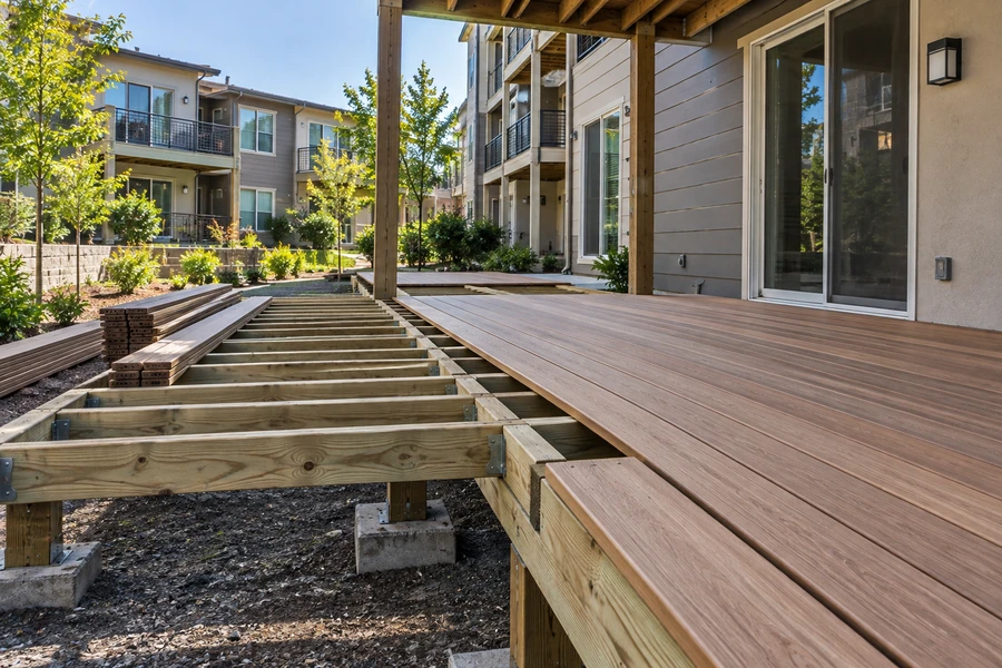 Deck boards laid along an elevation with the neighbouring frame still open and stock waiting