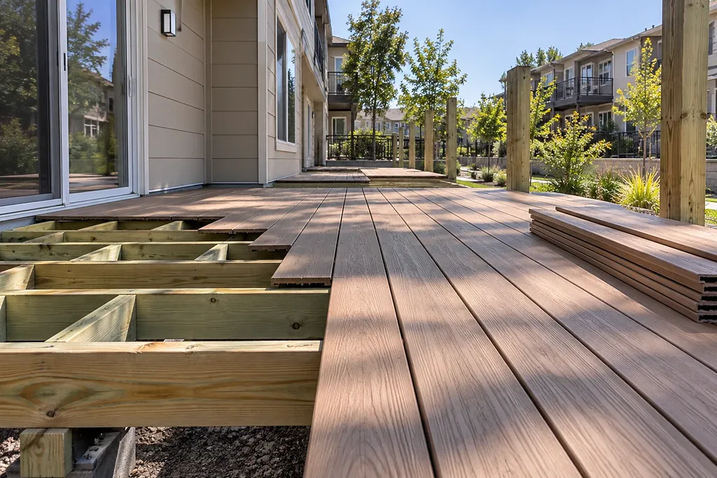 Deck boards part-laid over pressure-treated framing with blocking visible and material stacked ready