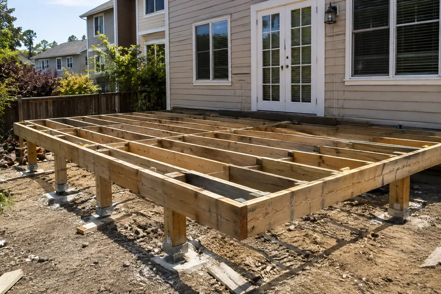 Deck frame on metal post bases and concrete pads, laid out against the house