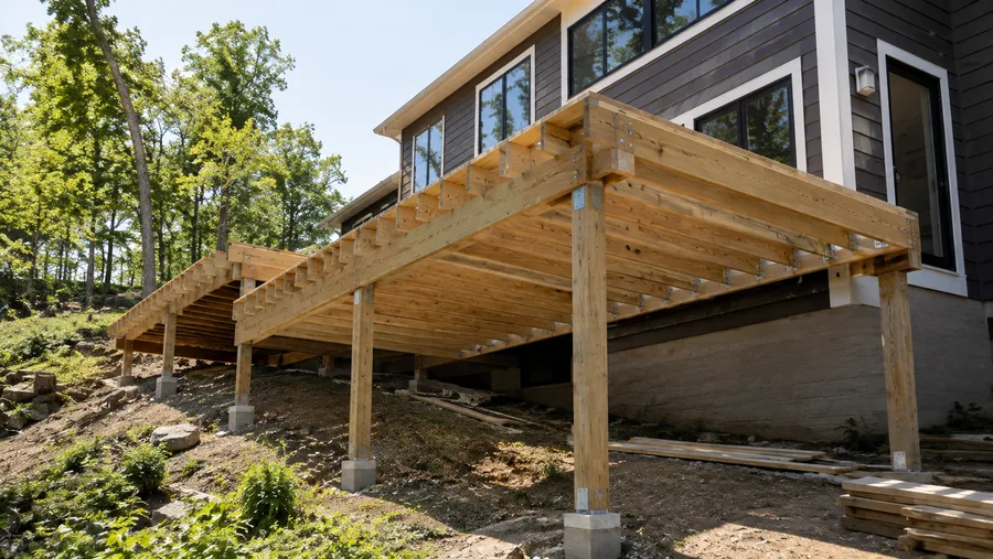 Elevated deck frame on a slope with beams, posts and a framed stair alongside