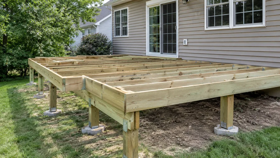 Low deck frame with joists and rim complete, on posts and concrete pads