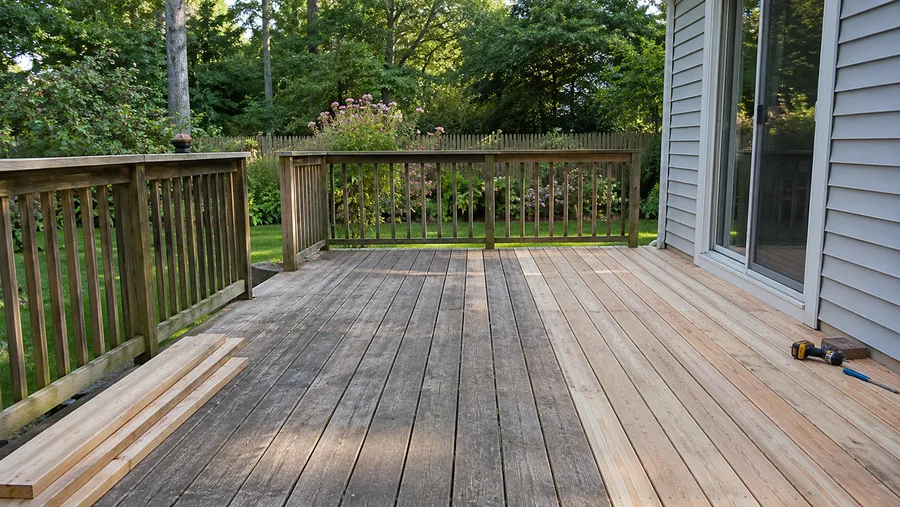 Deck part re-boarded, new timber against the weathered original surface