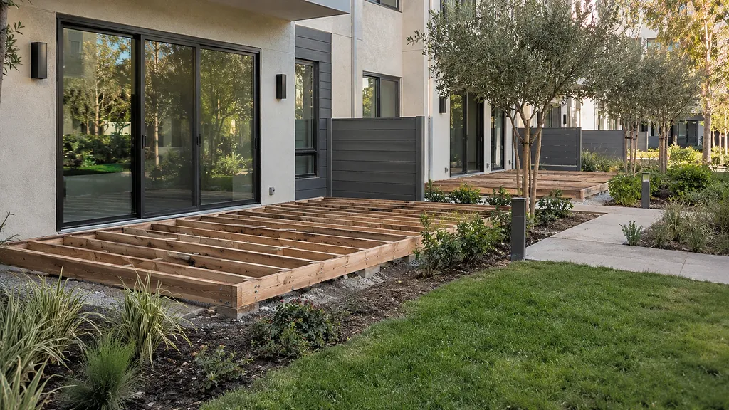 Wood joist frame on a concrete block outside a ground floor unit, with a finished deck at the next unit