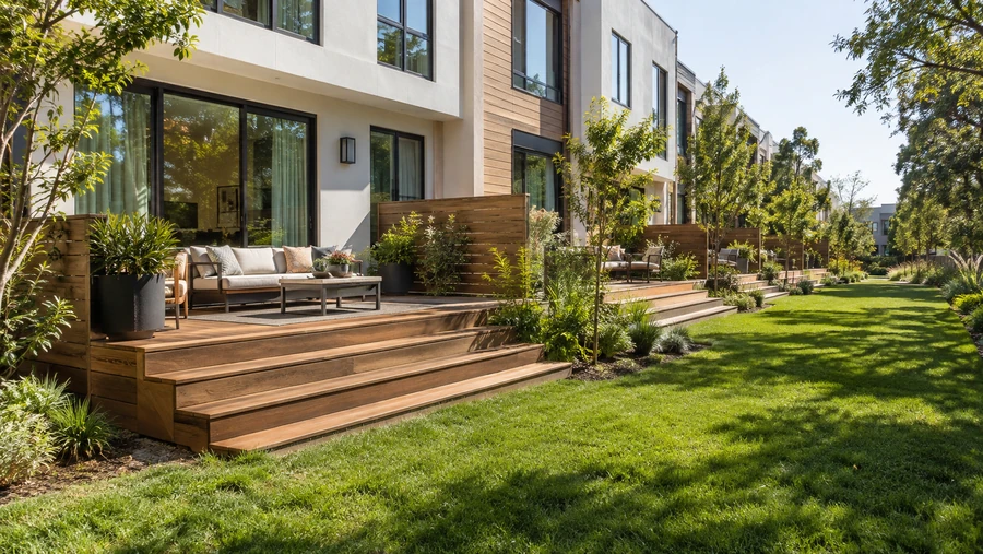 Finished wood deck with wide steps and slat privacy screens along a row of identical units next to a shared lawn