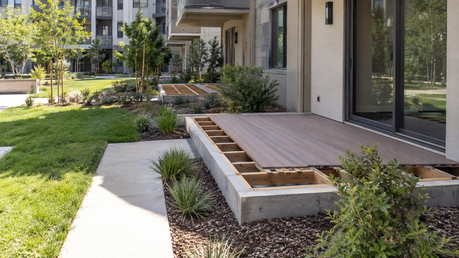 Deck boards partly laid over a joist frame at a ground floor unit, apartment building with balconies behind