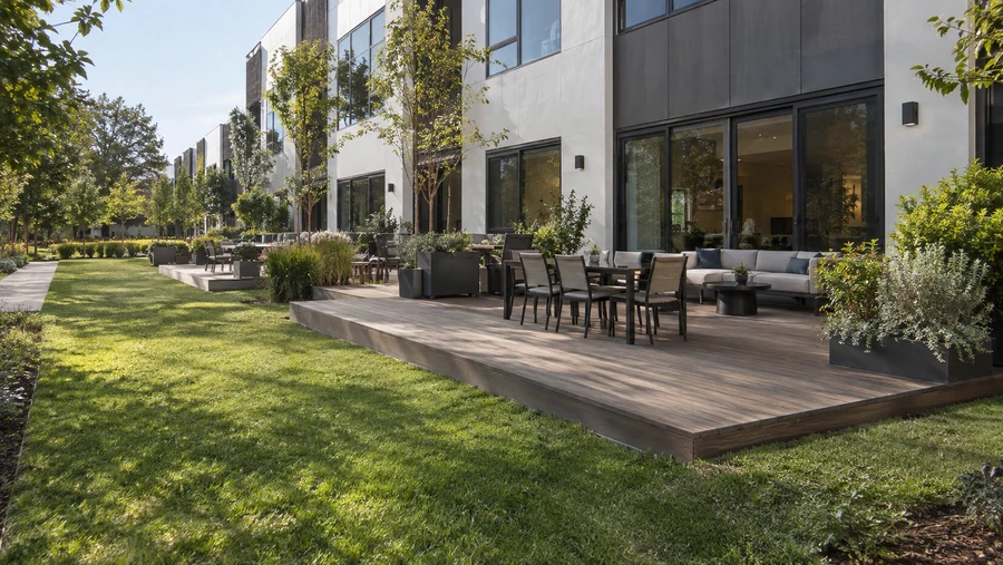Wide finished deck with outdoor dining furniture along a row of modern units beside a long lawn