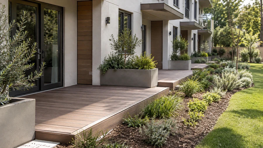 Finished deck platform and concrete planter at a ground floor entry, more entries and balconies down the building