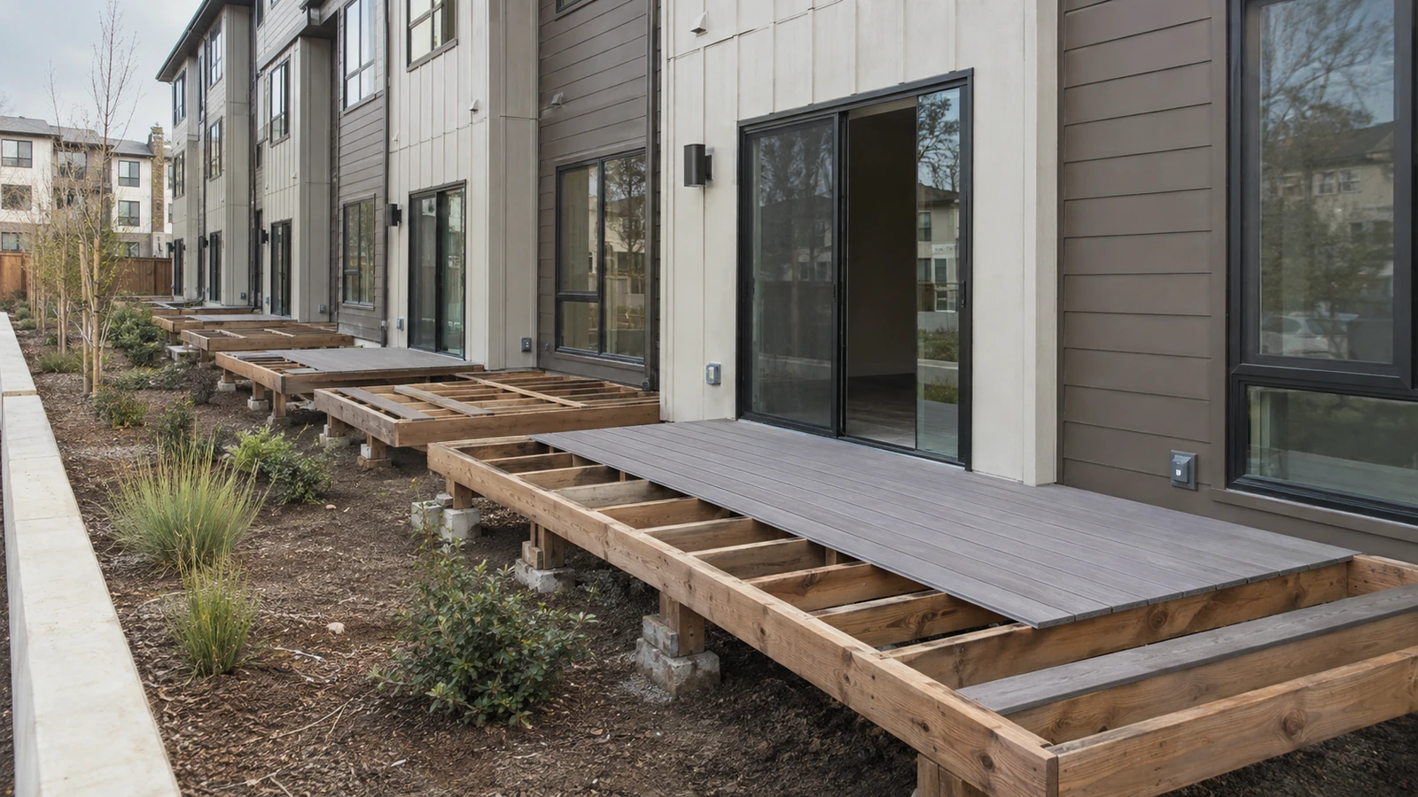 Grey deck boards going on a new wood joist frame on concrete piers, more frames along the row of units