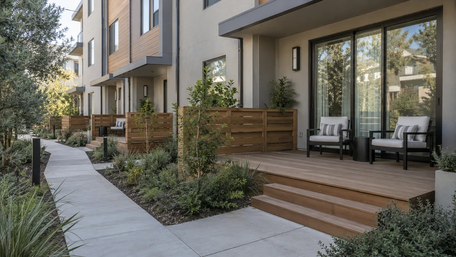 Finished wood deck with steps, two chairs and slat privacy screens at a ground floor unit in a multi unit building