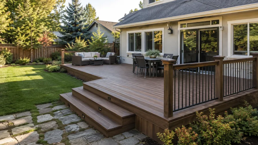 Deck design with a wide stair cascade, timber guardrails and a lit step edge