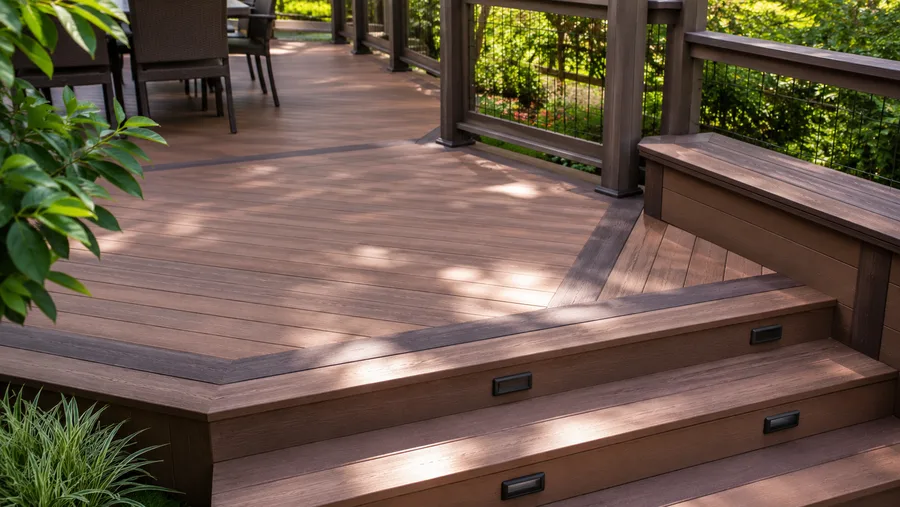 Deck detail showing a picture-frame border, board direction change, built-in bench and lit stair risers