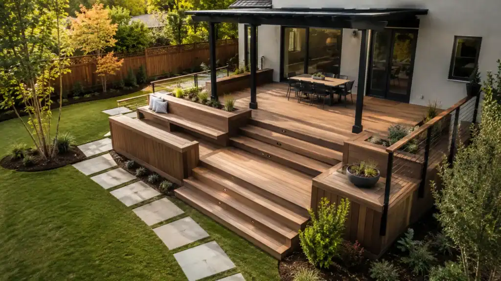 Multi-level deck design with built-in seating, planters, stairs and a pergola over the dining area