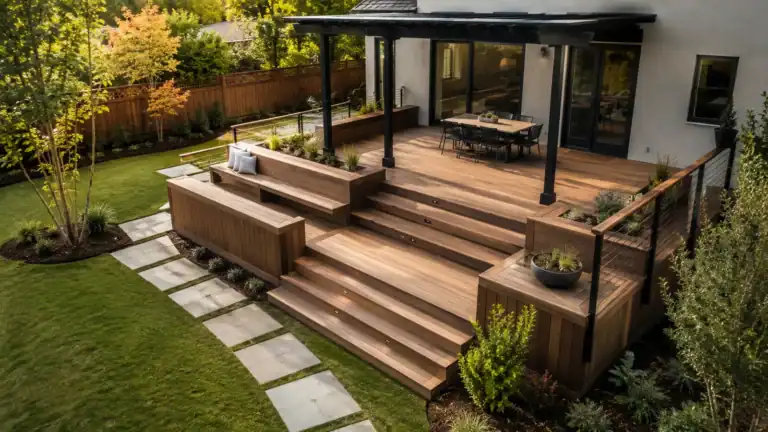 Multi-level deck design with built-in seating, planters, stairs and a pergola over the dining area