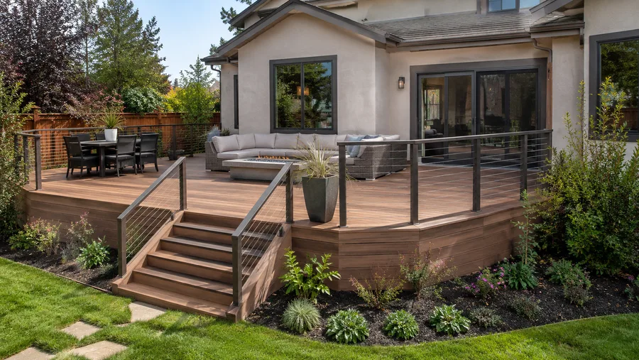 Angled deck design with cable guardrails, a fire feature and integrated stair access