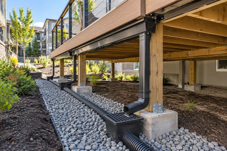 Complete under-deck drainage run &mdash; gutter, downspouts, catch basins and buried pipe into a gravel trench