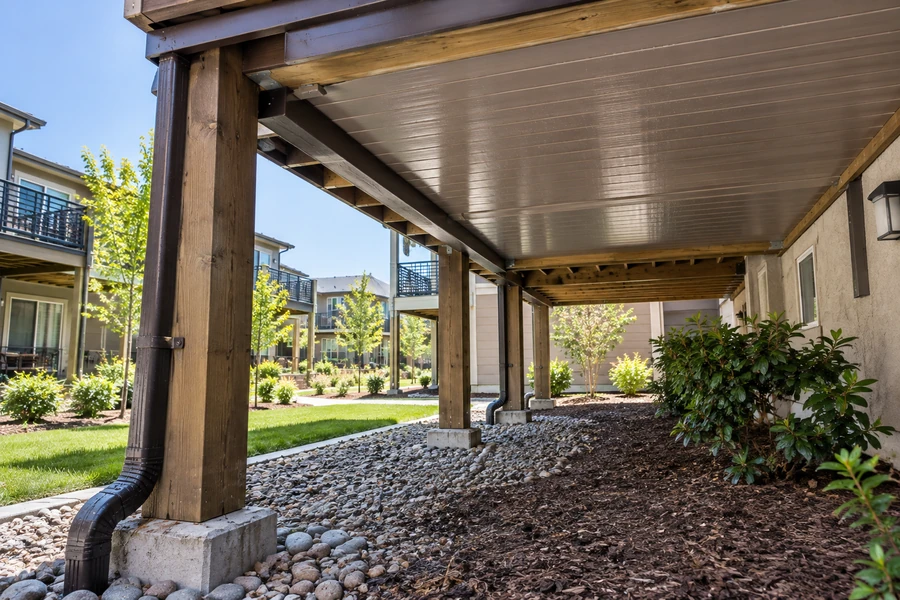 Enclosed under-deck ceiling with downspouts routed down the posts to a gravel bed