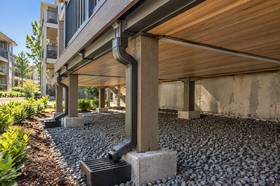 Downspouts carrying collected water from the deck gutter into catch basins at the post bases