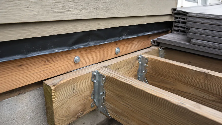 Ledger bolted to the wall with flashing above and joist hangers set for new framing