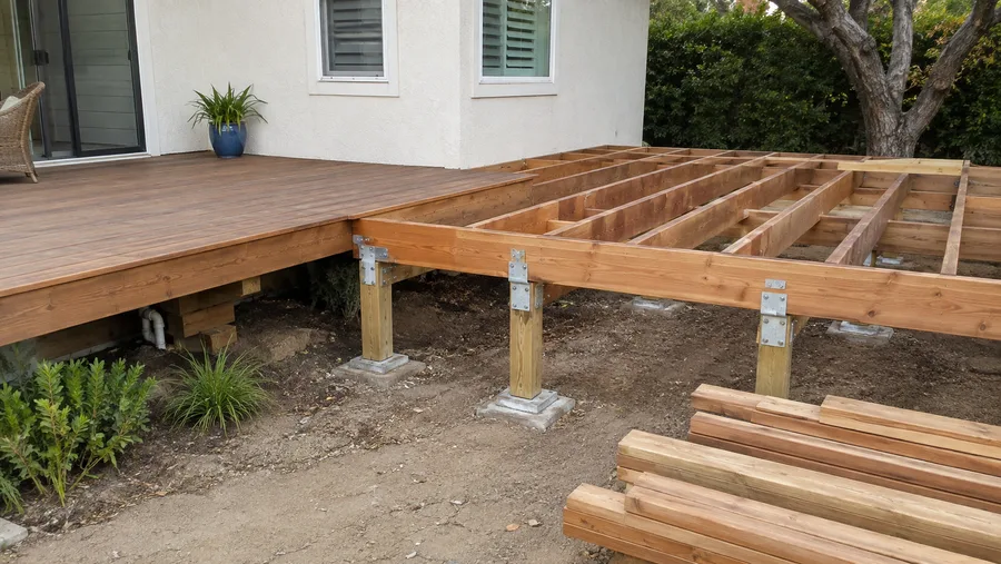 New extension framing meeting the edge of an existing deck, with posts on new concrete bases