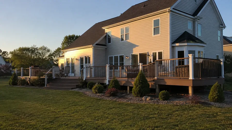 Extended deck wrapping the rear elevation with railings and a stair to the lawn