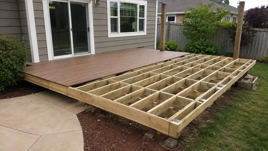 Low deck extension framed alongside the finished original section
