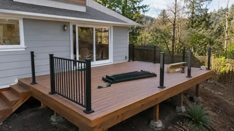Deck railing installation in progress, with posts set and a rail section waiting to be fitted