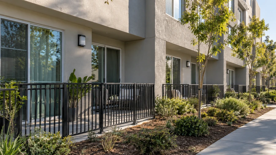 Black metal picket railings on ground-floor patios along a multi-story stucco building