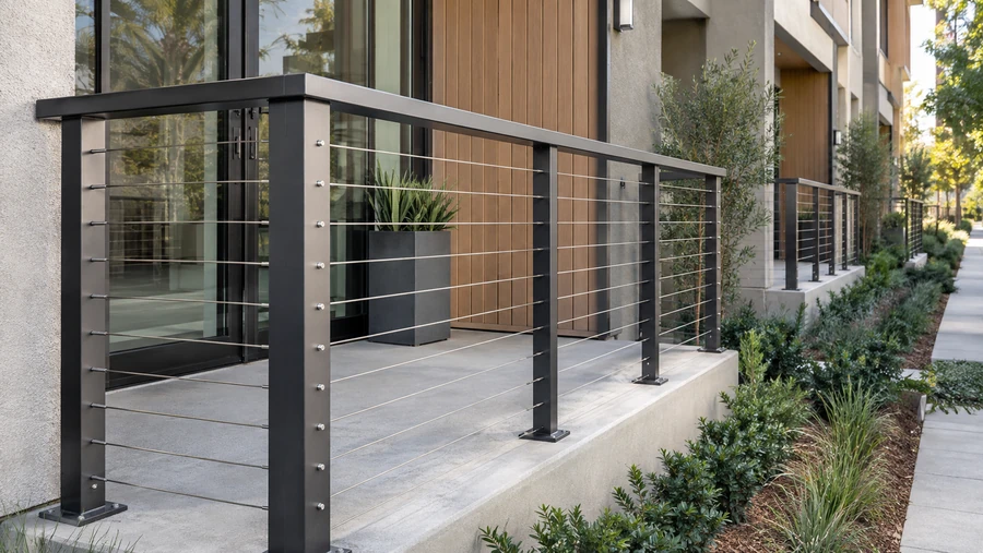 Black metal posts and top rail with horizontal cable infill on a raised concrete patio outside glass doors