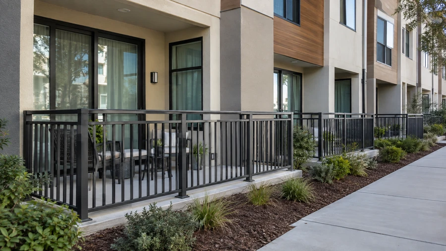 Row of black metal picket railings on ground-floor patios of a multi-story building beside a walkway