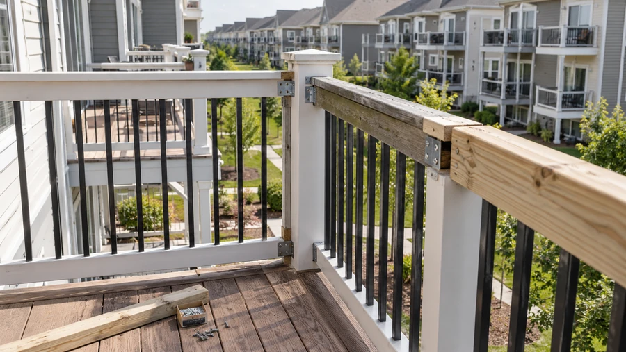 Railing repair in progress with new metal connectors at the corner post and a new top rail member