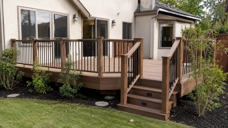 Completed rebuilt deck with new decking, railings and lit steps