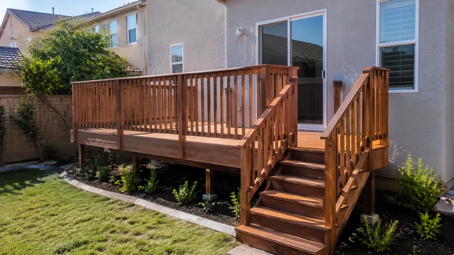 Rebuilt timber deck with new railings, stair run and finished stain