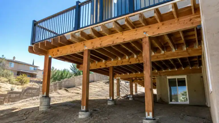Rebuilt deck structure on new posts, each set on a fresh concrete pier with a metal base