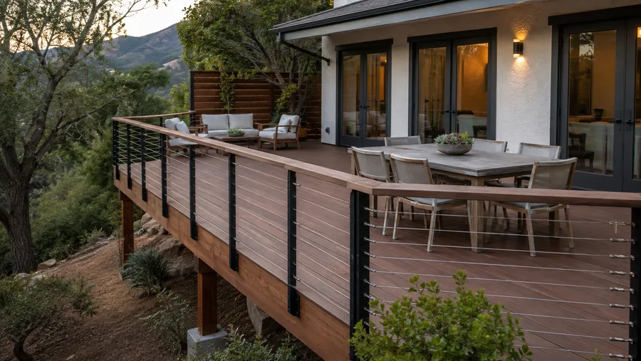 Remodelled deck with cable railings, a timber top rail and a privacy screen