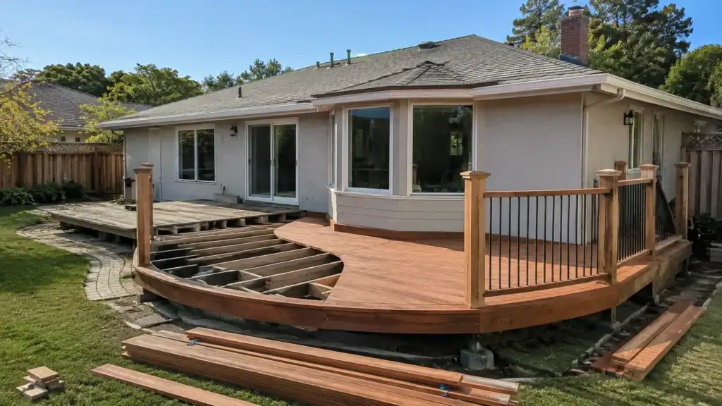 Deck remodel in progress, with the old deck alongside a new curved section being framed and boarded