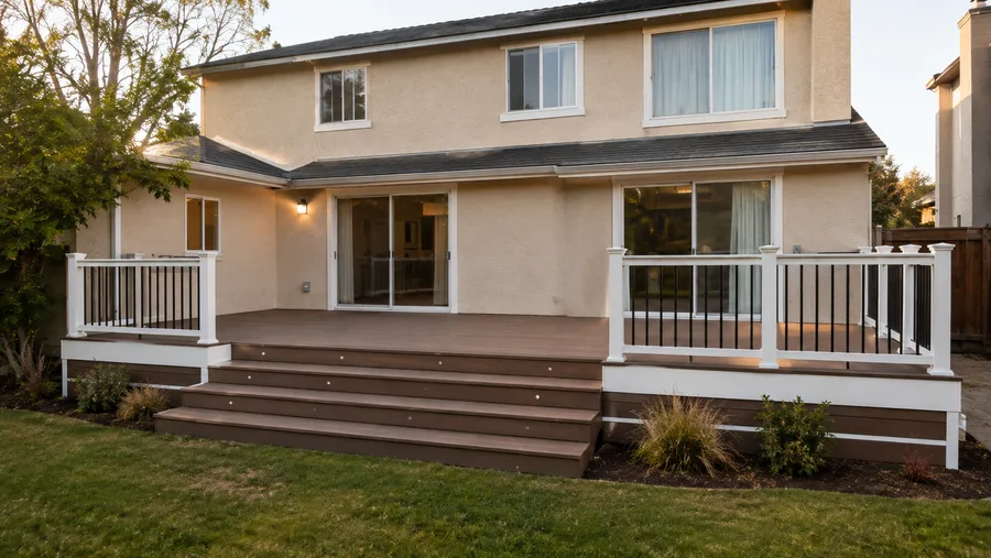 Remodelled deck with new composite surface, white railings and a wide lit stair cascade