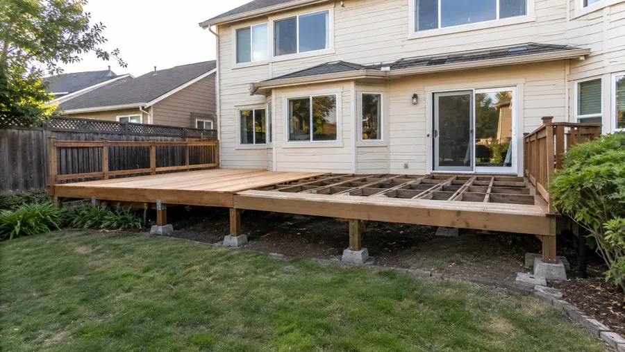 Deck renovation underway, with new decking going down over renewed framing