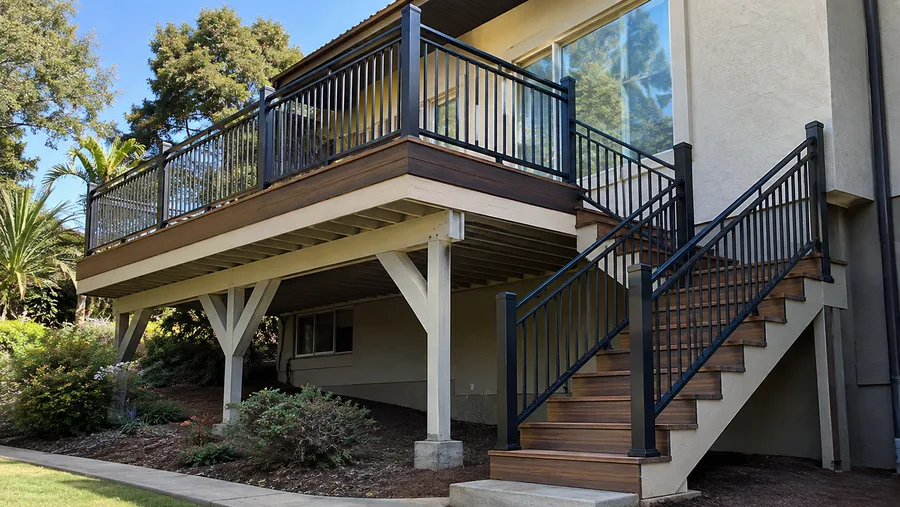 Renovated elevated deck with new decking, code-height metal railings and a rebuilt stair run