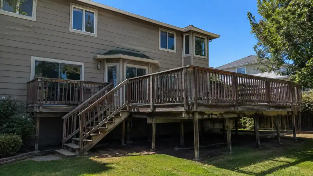 Aged timber deck with weathered low railings, greyed posts and a long stair run, before renovation