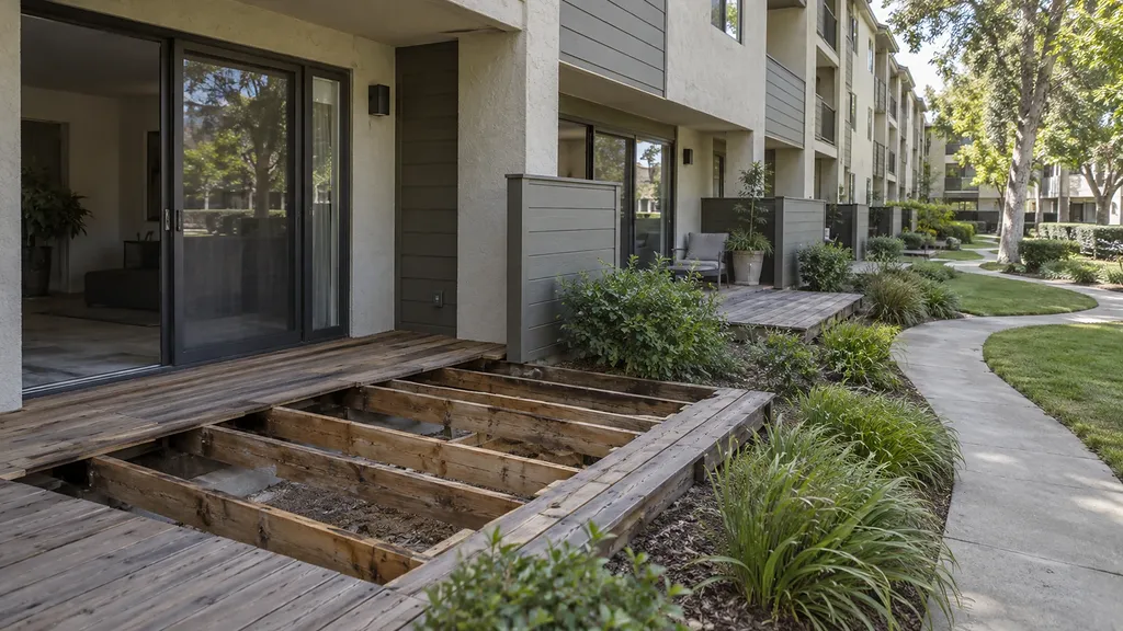 Apartment patio deck with boards removed, exposing wood joists next to a landscaped walkway